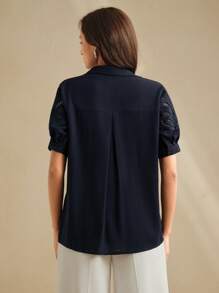 Anewsta 优雅通勤女士亚麻编织镂空刺绣条纹翻领短袖衬衫，春夏