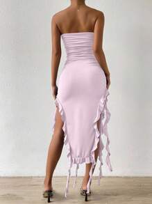 Zolique Solid Color Pleated Ruffle Trim Sleeveless Bodycon Dress For Summer, Pink Corset Dress, Split Dress, Ruched Dress, Dress With Slit - Mauve Purple - View 2