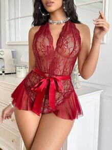 SHEIN 女士蕾丝边网眼透视性感内衣连体裤 - 酒紅色 - 查看 3