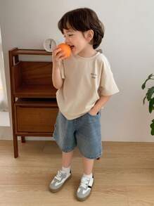 Hapijoa 小男孩棕榈树印花宽松短袖休闲 T 恤，夏季 - 杏色 - 查看 5