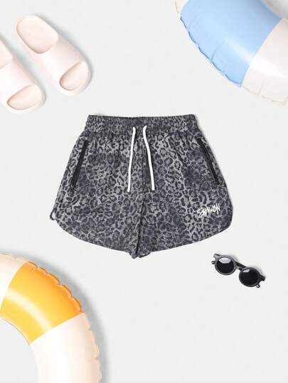SUMWON Leopard Print Boys Swimming Trunks Summer Beach Vacation Pool Shorts Adjustable Drawstring Swim Shorts