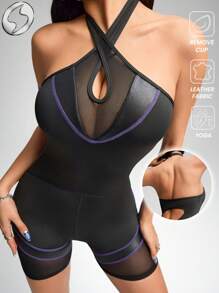 Innovista 亮面修身运动连体裤，高弹力一体式健身服，运动紧身连体裤，无袖，可调节肩带，全身连体衣，连体运动服，仿皮效果，液态光泽，提升运动自信，奢华性能，黑色，紫色，撞色缝线，速干透气，可自由下蹲，适合有氧运动和力量训练，吸汗透气面料，网眼镂空设计，露背，派对和举重套装，增强体能，哑铃重量，户外，骑行，跑步，有氧运动，瑜伽和普拉提，拳击，徒步旅行，网球和高尔夫，器械和设备训练装备，运动服和运动套装，都市运动休闲，时尚偶像，魅力四射。闪耀动人的音乐节风尚、街头性感穿搭、日常必备易穿单品、TikTok运动装、秋季实用时尚风、酷炫服饰系列 - 黑色 - 查看 8