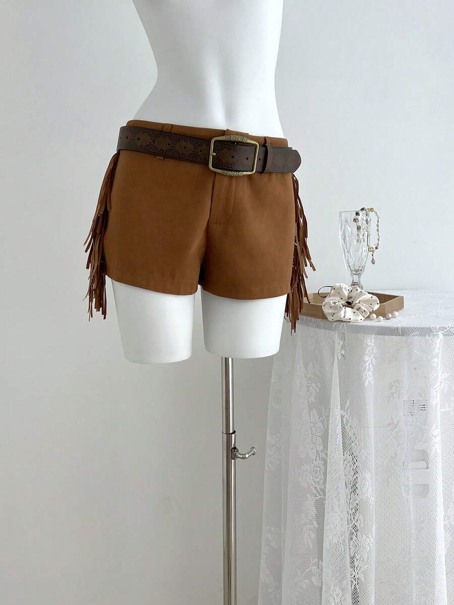 SHEIN Unity Quần short nữ lưng thấp tua rua phong cách nghỉ dưỡng Bohemian cổ điển, xuân/hè - màu nâu - Xem 1