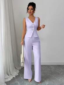 Elenzga 女士优雅无袖西装背心和裤子套装，夏季商务通勤风格 - 淡紫色 - 查看 4
