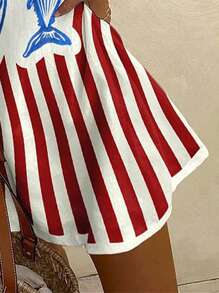 SHEIN EZwear 女士休闲简约度假复古条纹鱼印花短裙，适合夏季