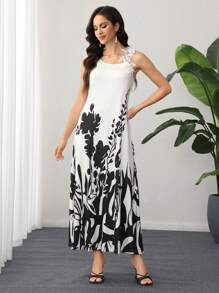 Lacomfia Floral Strap Colorblock Sleeveless Black & White Knitted Dress, Arabian Dresses - Black and White - View 5