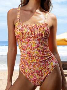 Swim Mod 1pc Women Vacation Floral Print Ruched Wide Strap One-Piece Swimsuit For Summer - Multicolor - View 5