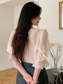 DAZY 女式半透明领口七分袖褶皱衬衫