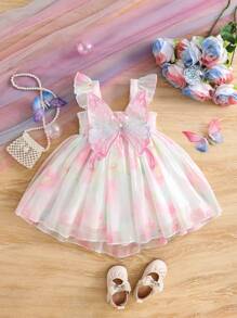 Glamorique Kids Baby Girls' Cute Sweet Gradient Print Bowknot Decor Princess Mesh Dress, Suitable For Birthday Party, Gathering Or Daily Wear, Spring/Summer - Multicolor - View 2