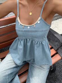 DAZY Damen Sommer Boho-Stil Pailletten Dekor Lässig Camisole Denim-Weste - Helle Waschung - Übersicht 5