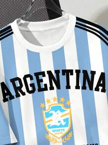 SHEIN 青少年男孩休闲简约足球/阿根廷设计短袖圆领 T 恤，适合夏季