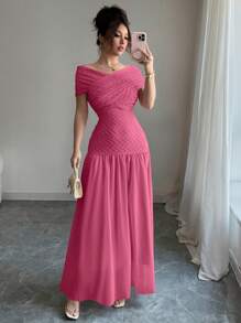 Modelyn Robe femme épaules dénudées en maille texturée avec empiècement de couleur unie extensible - Rose vif - Voir 7