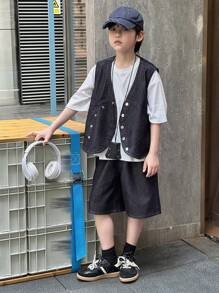 DAZY Tween Boy Casual Washed Denim Top + Denim Shorts Set, Summer