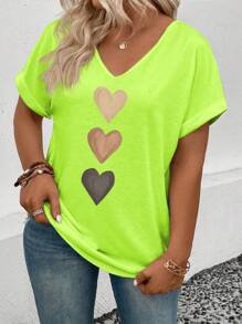 SHEIN Camiseta de mujer con cuello en V, mangas con volantes y estampado de corazón degradado, casual y versátil para primavera/verano