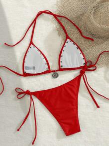 Swim EVENT Nuevo bikini de 2 piezas minimalista y sexy de unicolor con cordón ajustable y ojetes para mujer para la playa