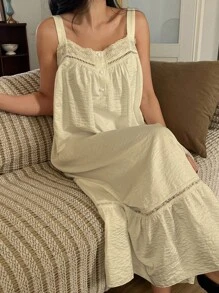 DAZY 无袖蕾丝拼接宽肩带荷叶边下摆纯色女士睡袍睡衣，Moo Moo - 黃色 - 查看 5