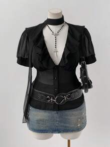 Sweetra 全新时尚甜美性感透明雪纺 V 领荷叶边泡泡袖衬衫，朋克街头风格女式紧身上衣 - 黑色 - 查看 5