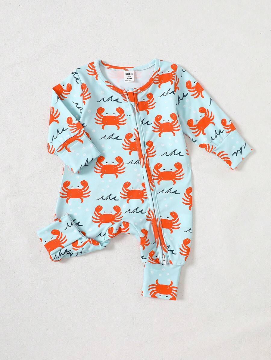Newborn Baby Crab Print Zipper Front Romper