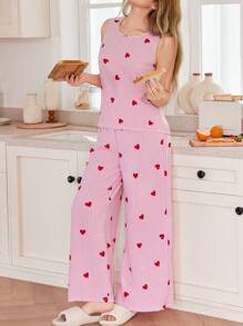 SHEIN 泡泡雪纺粉色条纹心形印花背心上衣和裤子女士睡衣套装粉色睡衣 - 彩色 - 查看 5