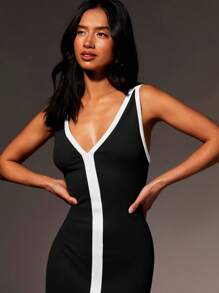 Athîral 女式夏季拼色深V无袖性感连衣裙