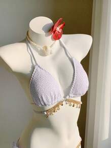 Comfortcana Conjunto de bikini blanco con cadena de metal texturizada decorativa para mujer, atuendo de playa, adecuado para vacaciones, apropiado para vacaciones en la playa - Blanco - Ver 6