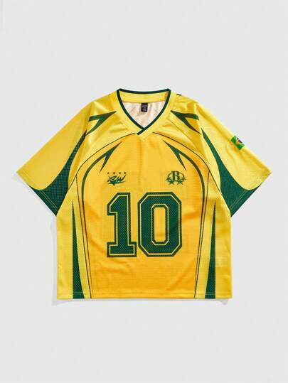 Prep Camiseta casual de manga corta con cuello en V y estampado digital de números, estilo preppy de verano para hombre, otoño