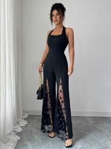 Selianne Tuta elegante da donna con fiore 3D, spalline e schiena scoperta, con spacco - nero - Visualizzare 3