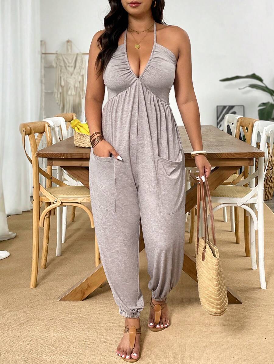 Weeklong 加大码双色花卉印花柔软针织V领连体裤，带真口袋，宽松版型，适合休闲、居家、旅行 - 卡其色 - 查看 1