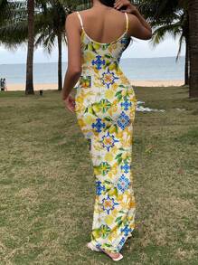 SHEIN EZwear Casual Lemon & Floral Allover Print Fitted Camisole Maxi Dress, Suitable For Summer, Beach, Seaside,Boho Clothes Women Suitable For Going Out Chic Dress - Multicolor - View 7