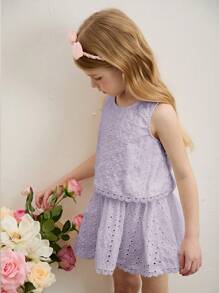 Emery Rose Kids Emery Rose Kids 年轻女孩编织刺绣纯色圆领不对称蕾丝下摆休闲上衣和迷你裙两件套，可爱优雅甜美复古时尚。妈妈和女儿和姐妹的搭配风格，度假、节日、学校日常穿着、家庭聚会和特殊场合，春夏。