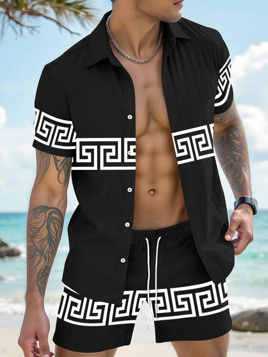 Manfinity RSRT Men's Geometric Print Single-Breasted Short Sleeve Shirt And Shorts Casual Summer Suit - Multicolor - View 1