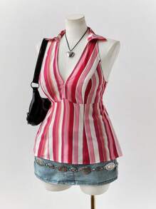 Flirla Damen Große Größen figurbetontes gestreiftes V-Ausschnitt Ärmellos Lässig Hemd