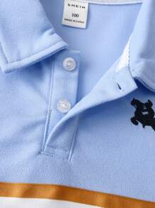 SHEIN 2 件套年轻男孩骑士条纹短袖 Polo 衫和裤子休闲装，开学季 - 霧霾藍 - 查看 4
