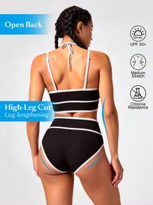 Swim Nautrix 女士两件套撞色边吊带比基尼 - 黑與白 - 查看 2
