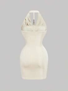 SHEIN MOD Plunging Neckline Cinched Waist Open Back Metal Buckle Decor Bodycon Dress - Apricot - View 2