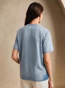 Anewsta 复古度假风格蝴蝶刺绣镂空半透明女式T恤 - 藍色 - 查看 2