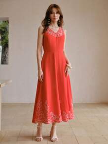 MOTF STUDIO LINEN EMBROIDERY V-NECK ZIPPER BACK SLEEVELESS DRESS WITHOUT BELT