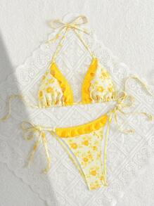 Swim Vcay Bikini giallo alla moda da vacanza, con volant, stampa floreale ditsy, per donna d'estate