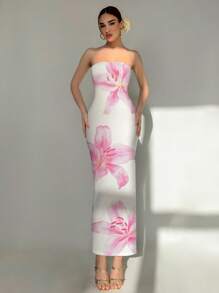 Aloruh Women's Elegant Vacation Tight Bandeau Lily Floral Print Maxi Dress, Suitable For Beach/Resort/Elegant/Romantic Date/Music Festival/Spring Break Suitable For Going Out Chic Dress - White - View 1