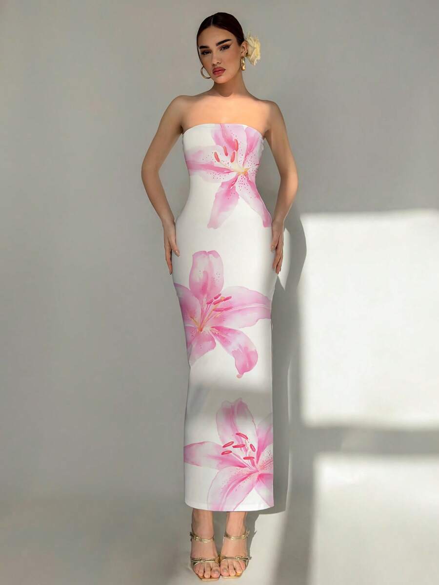 Aloruh Women's Elegant Vacation Tight Bandeau Lily Floral Print Maxi Dress, Suitable For Beach/Resort/Elegant/Romantic Date/Music Festival/Spring Break Suitable For Going Out Chic Dress - White - View 1
