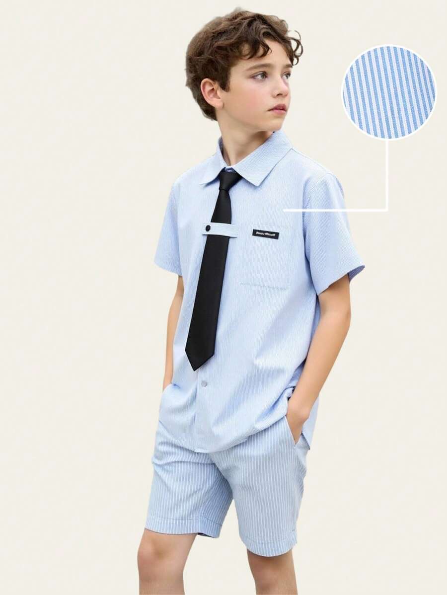 1pc Tween Boy Fashionable Blue & White Striped Casual Shirt, Gentleman Style, Suitable For Summer, Outings, School, Photography - Blue - View 1