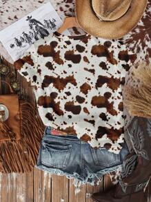 SHEIN EZwear Casual Minimalist Cow Print Bohemian Cowboy Style Round Neck Loose Short Sleeve T-Shirt For Women Summer Outfits For Women - Multicolor - View 2