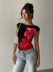 Aloruh 女士性感露背花卉图案短袖T恤，适合夏季上衣 - 黑色 - 查看 4