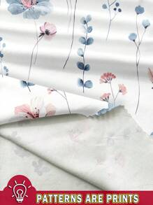 EMERY ROSE Floral Print Casual Loose Fit Round Neck Short Sleeve Shirt, Plus Size, Suitable For Summer Chic Blouses For Women,Flower/Vacation/Spring - Blue and White - View 3