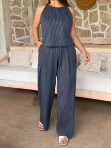 Dazy Plus Set de 2 piezas: Camiseta de tirantes a rayas y pantalón de pierna recta, de verano