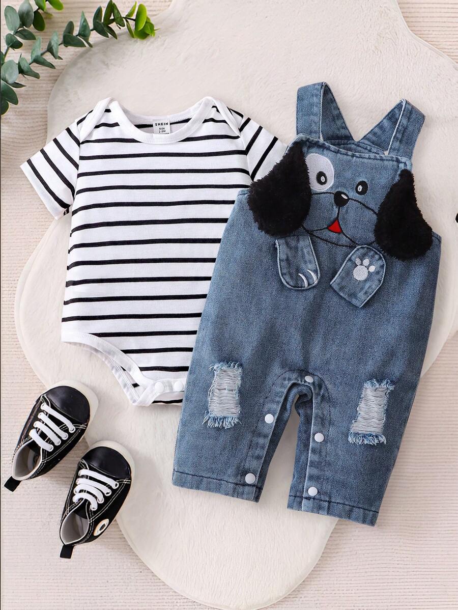 Newborn Baby Casual Striped Short Sleeve Tee + Cute Puppy Print Distressed Denim Bib Overalls 2-Piece Set - Black and White - View 1
