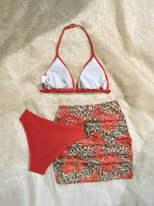 SHEIN 3 件套少女豹纹花卉印花罩衫、迷你裙和比基尼套装 - 紅色 - 查看 2