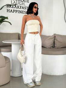 EURMUSE Quần Jeans Denim Xếp Ly Thường Ngày Angel Loose 100% Cotton - trắng - Xem 5