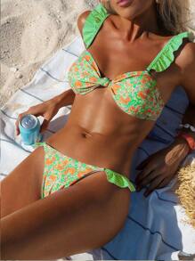 SHEIN Swim Women Summer Beach Vacation Ruffled Removable Strap Crop Top And Side Flare String Bikini Bottom - Multicolor - View 5