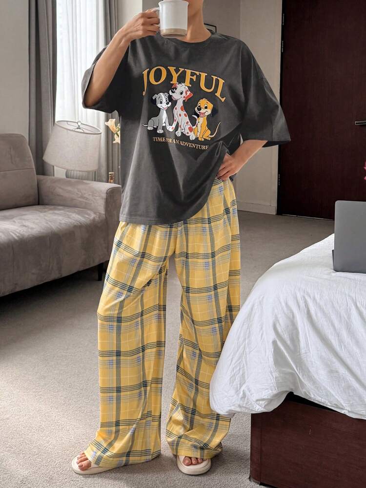 Women Casual Dog & Letter Graphic Tee Shirt Top And Plaid Loose Pants Pajama Set,Back To School Clothes